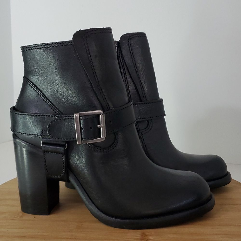 All Saints Jules Heeled Boot Black Leather Harness Stacked Block Heel Size 7